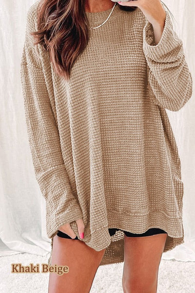 Waffle Knit Drop Sleeve Side Slits Oversized Top