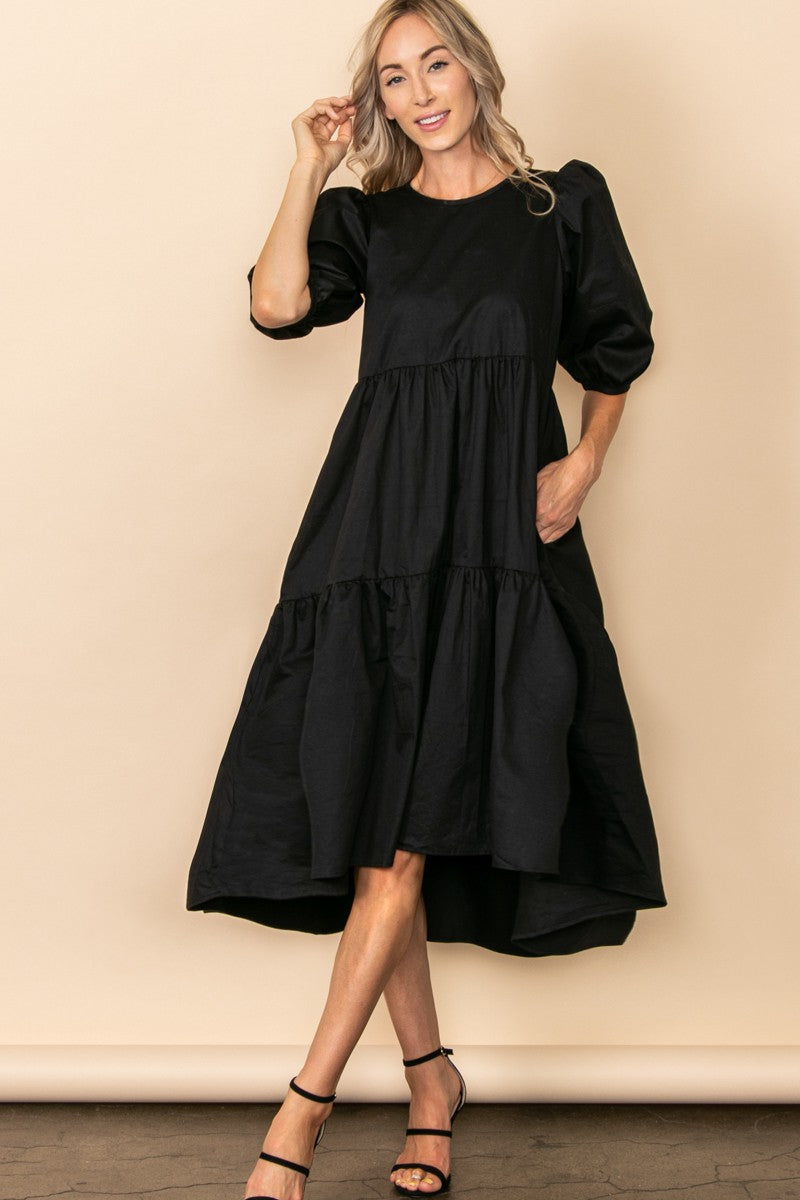 Black Poplin Tiered Midi Dress